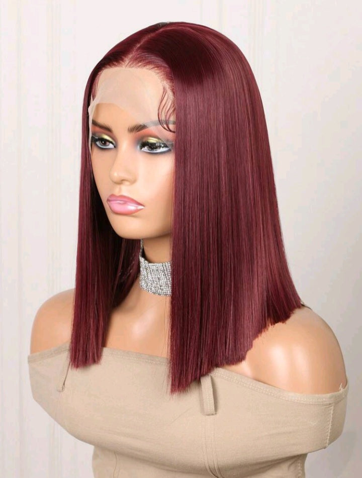Burgundy Lace Front Wig – 16” Short Bob (Human Blend)