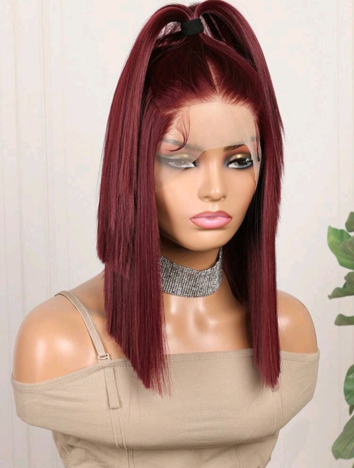Burgundy Lace Front Wig – 16” Short Bob (Human Blend)