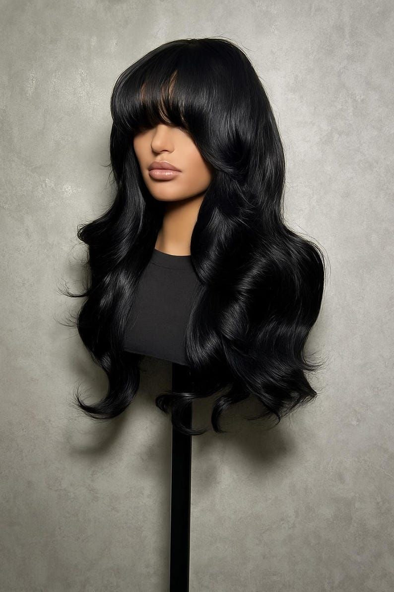 Glueless black wig with bangs